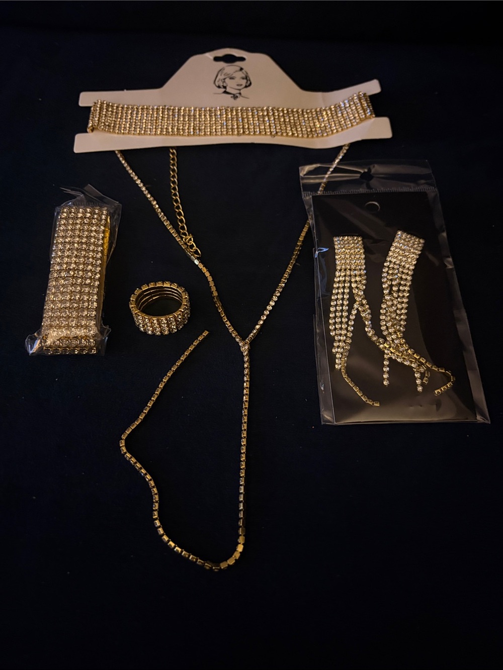 Gold Crystal Necklace & Earring Jewelry Set - Women